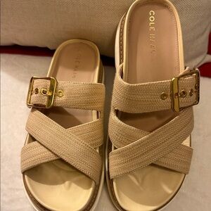 Cole Haan Beige Woven Buckle Slide Mules